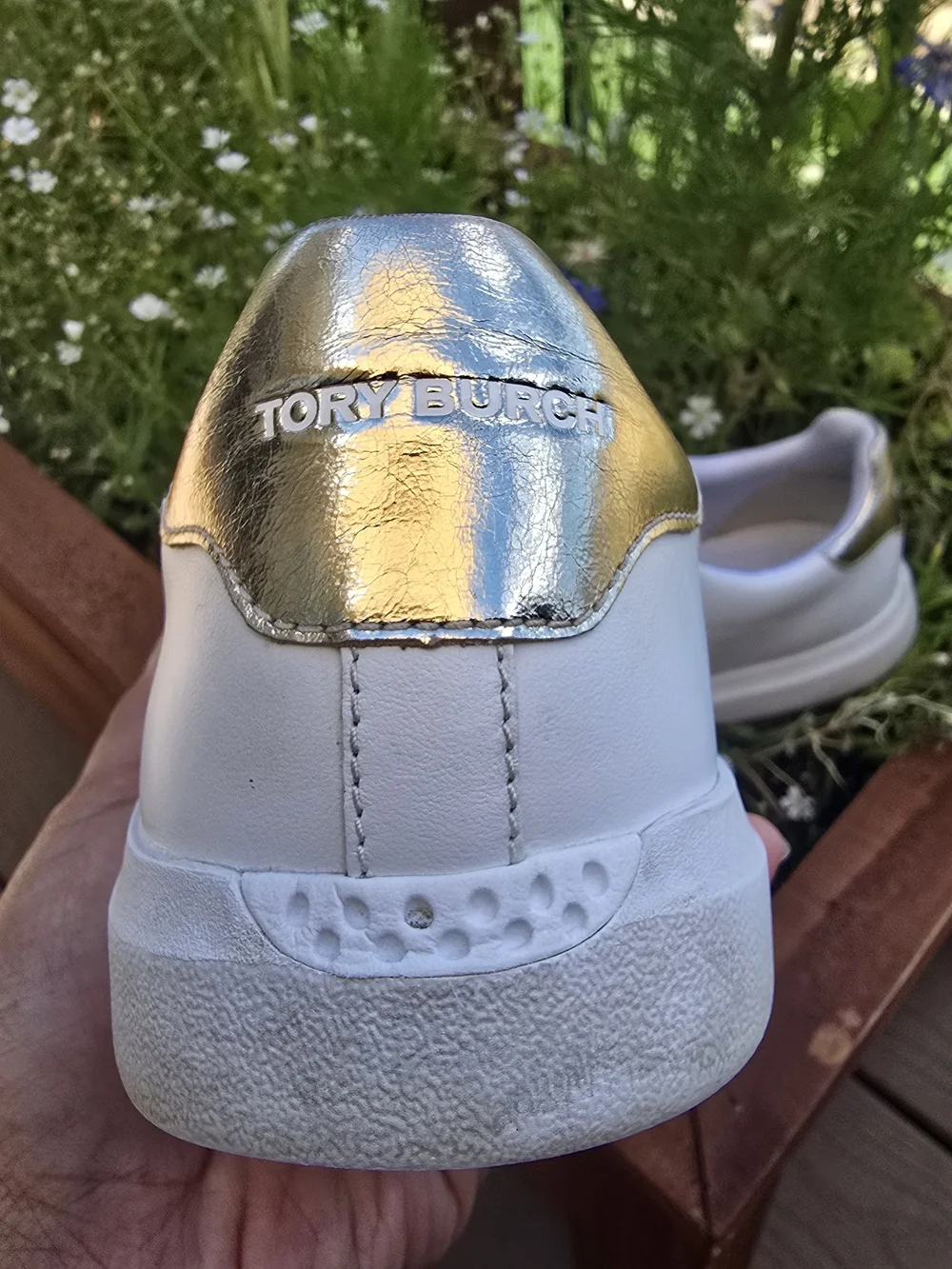 Tory Burch White Leather Sneakers with Gold Heel Detail